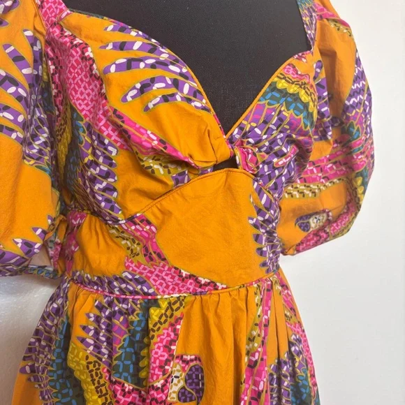 FARM RIO Macaw Puff-Sleeve Orange Midi Dress Size Large‎